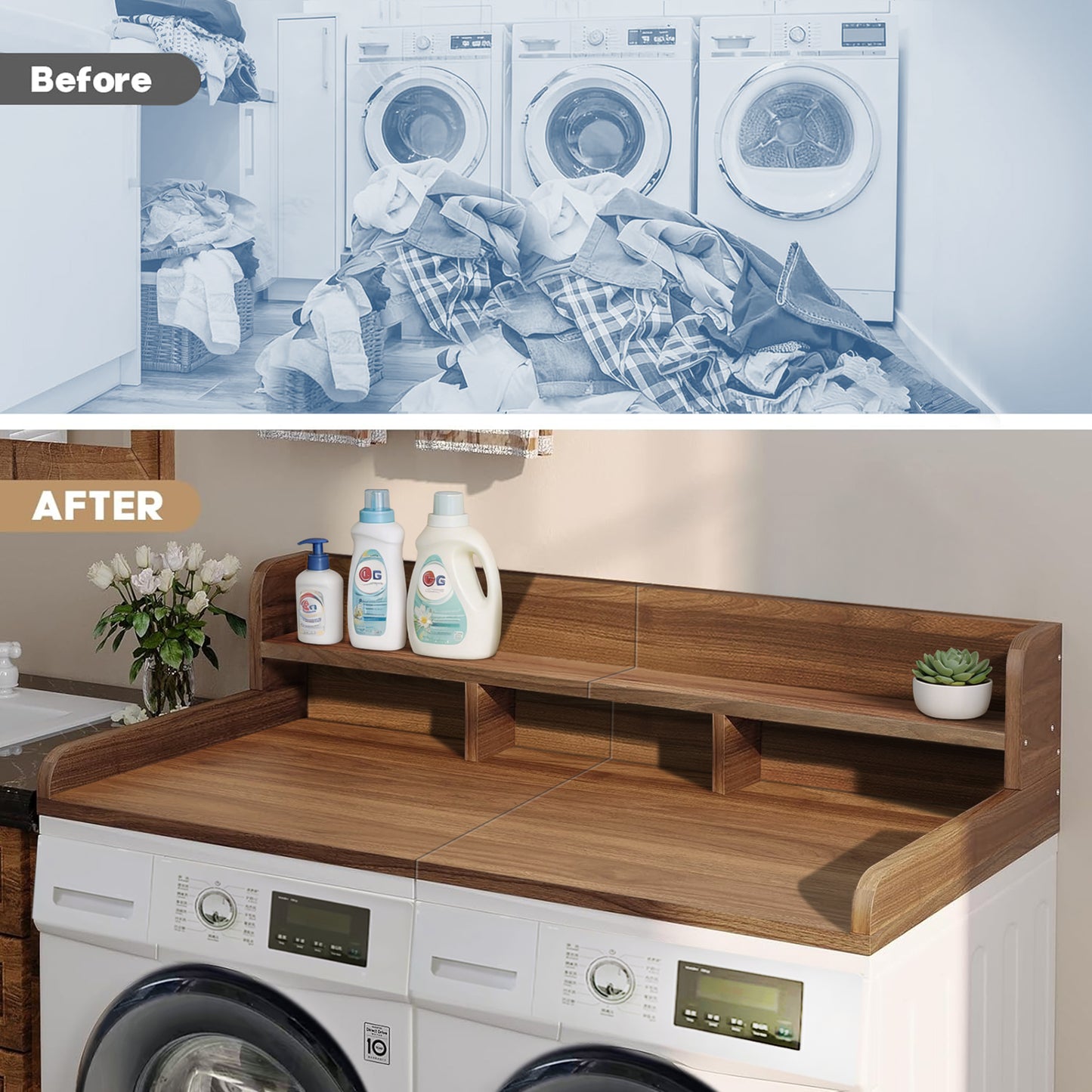 Washer Dryer Countertop With Non-slip Pads, Laundry Wood Shelf Topper With Edge, 54 Width X 27.5 Depth Double Layer Organizer For Washer And Dryer Laundry Hamper Counter Storage Organization DW