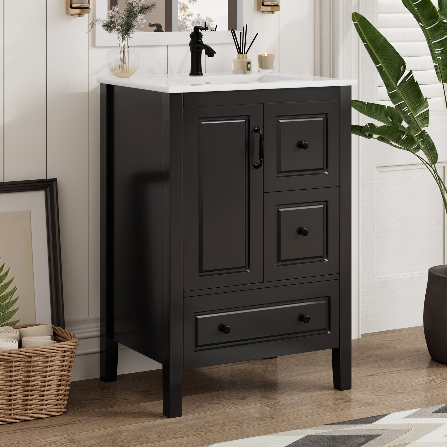 24 Inch Bathroom Vanity With Sink, One Cabinet With Soft-closing Door, 3 Soft-closing Drawers, Retro Metal Handles, Black