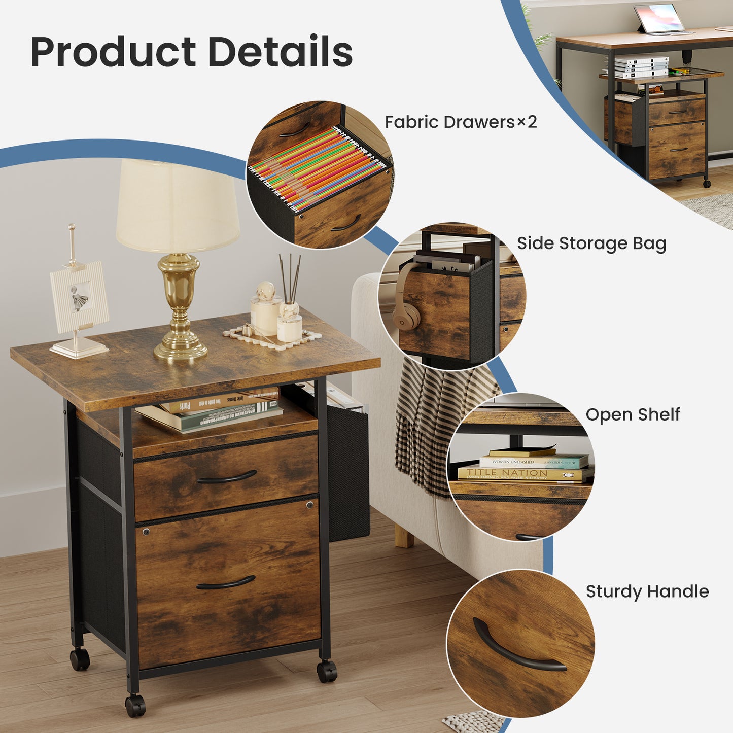 Rollable Filing Cabinet, Equipped With Drawers And Storage Shelves, Printer Placement Area, Size Suitable For A4 Paper Size