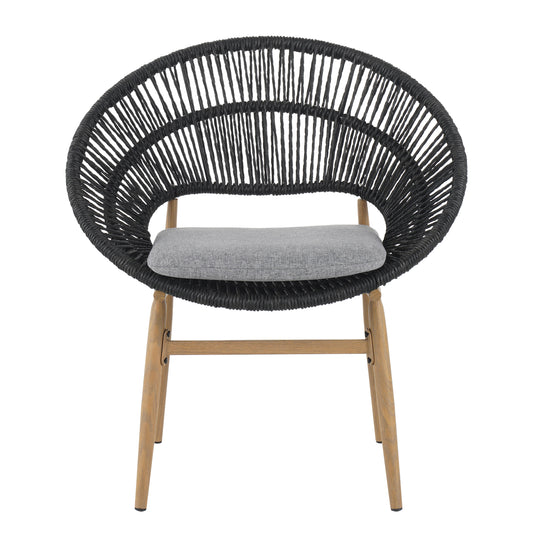 Cyril Outdoor Wicker Papasan Style Dining Chair, Teak Finished Leg And Dark Gray Faux Rattan, Gray Cushion, Set Of 2