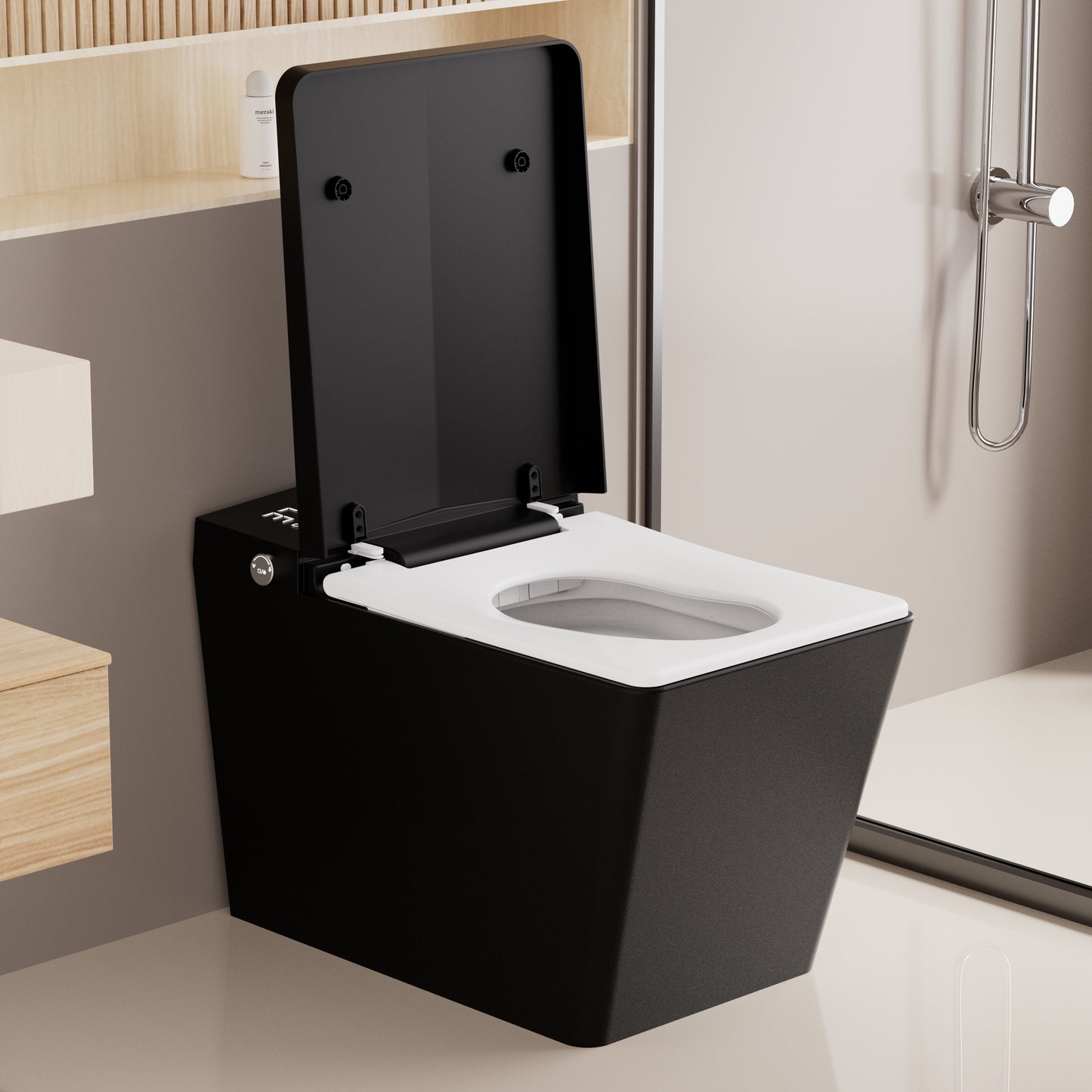 Black Square Smart Toilet With Built-in Tank For Bathroom, Remote Control, Tankless Bidet Toilet With Foot Touching Lid Opening, Auto Flush, Heated Seat, LED Digital Display, User Memory, Matte Black