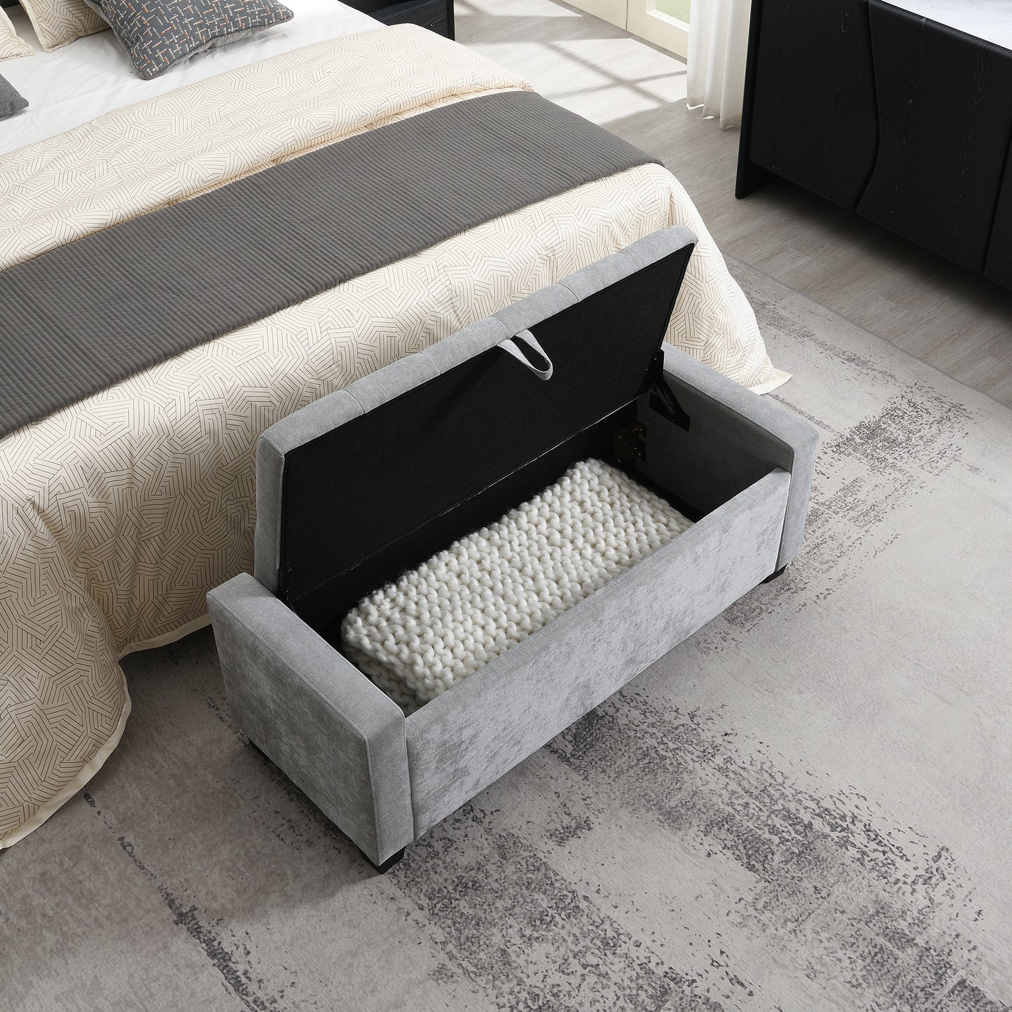 48  Ottoman With Storage, Storage Ottoman Bench With Safety Hinge, Upholstered Entryway Bench With Seating For Bedroom, Living Room, Hold Up To 350 Lb, Light Grey