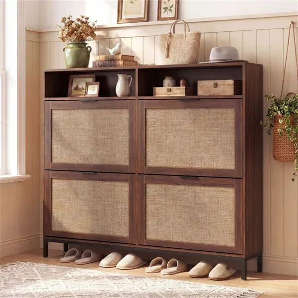 Boho Style Shoe Cabinet Cabinet With 4 Flip Drawers & Open Shelves, Freestanding Shoe Organizer For Entryway
