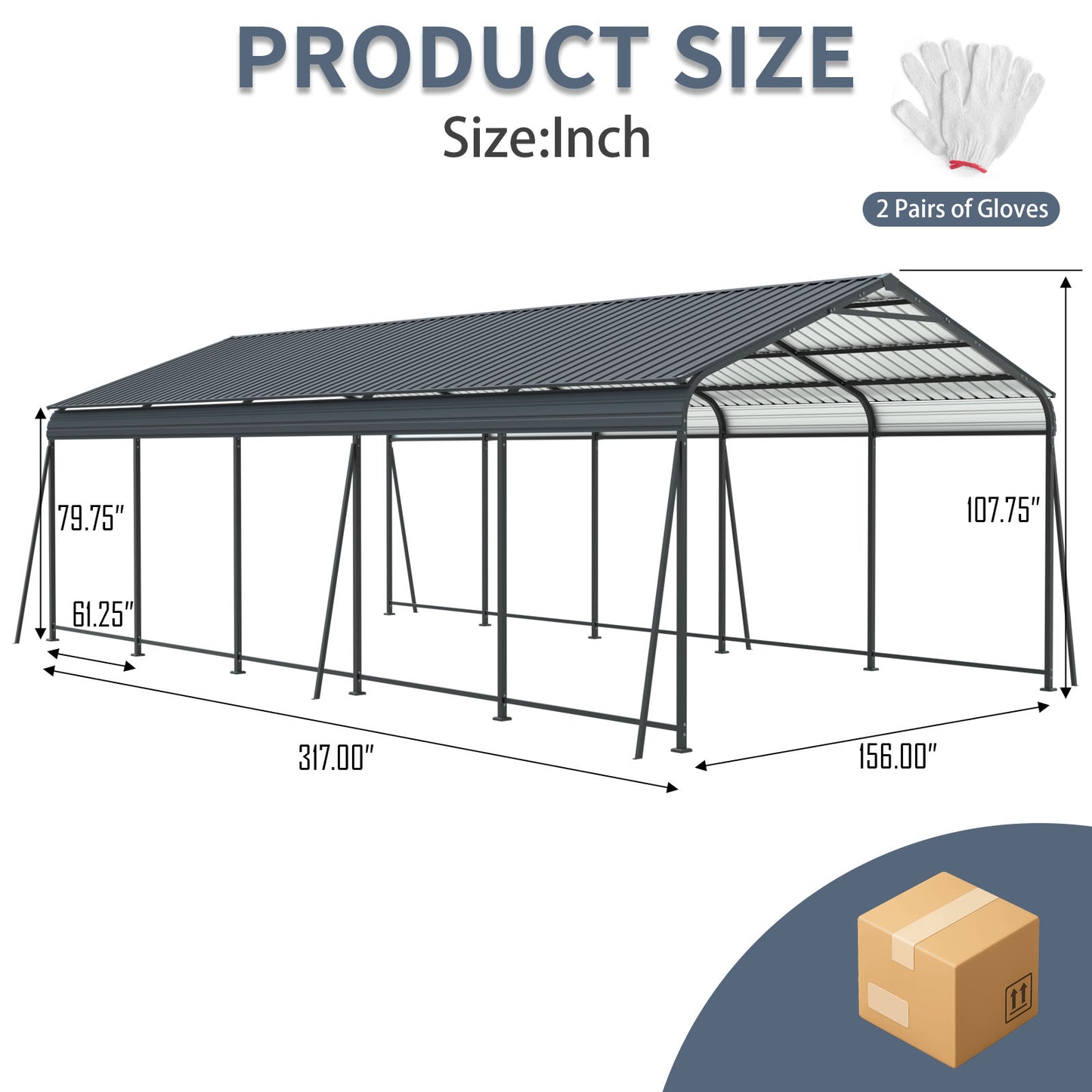 13x26.5 FT Carport, Heavy Duty Carport Canopy With Galvanized Steel Roof And Frame, Metal Carport Large Garage With 6 Fixed Inclined Square Tube Supports For Driveway Car, Truck