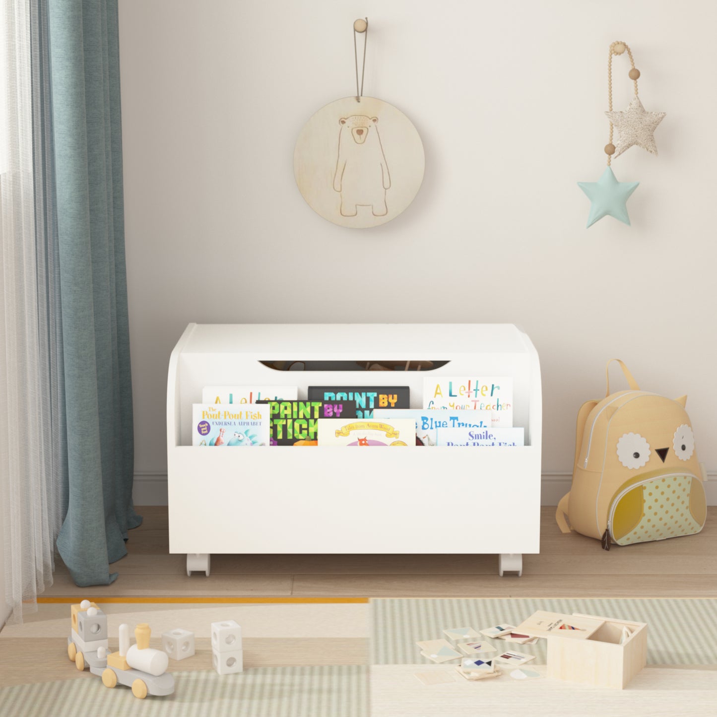Wooden Toy Box With 4 Universal Wheels, Kids Toy Storage Organizer With Front Bookshelf, Flip-Top Lid, Safety Hinge, Boys Girls Toy Chest Bench For Playroom Kids Room Organization White
