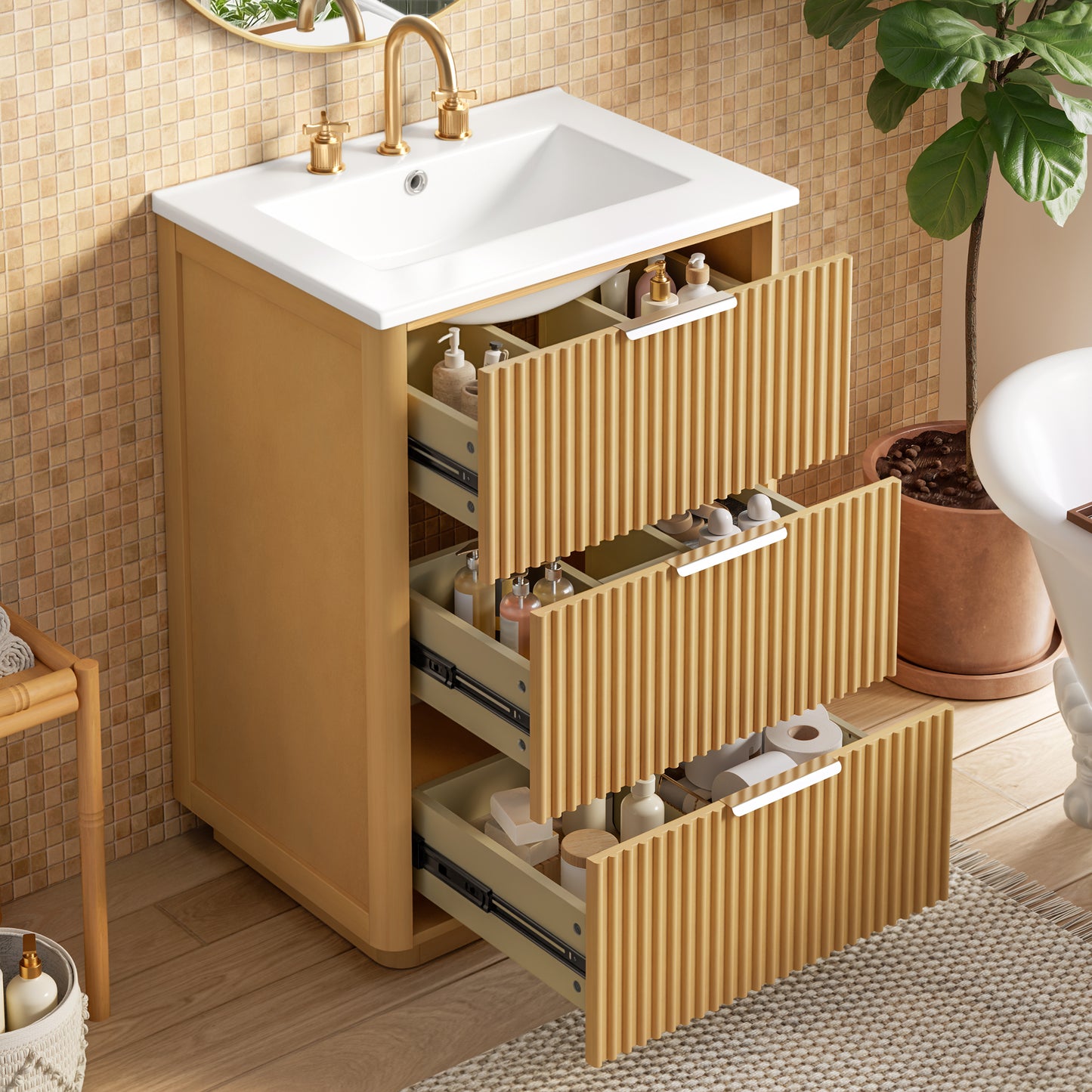 24 Inch Modern Luxury Bathroom Vanity With Ceramic Sink, Bathroom Cabinet With Open Shelf And Closed Storage