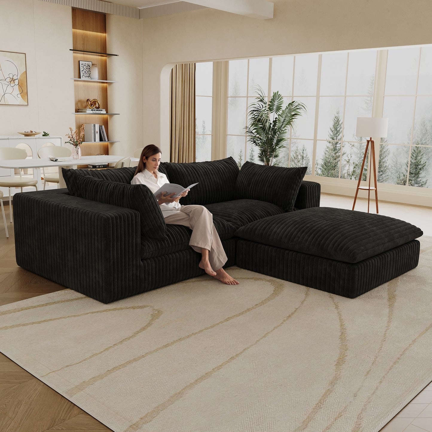 39.8 Cloud Sofa,Corduroy Fabric,Deep Seat Couches,Double-layer Design,Removable  Cushion,No Assembly, DIY Combination For Living Room, Bedroom,Conference Room ,Apartment,Black