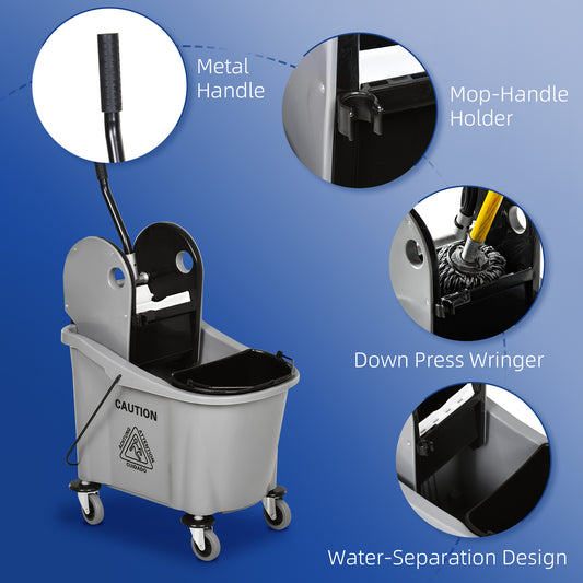 9.5 Gallon (38 Quart) Mop Bucket With Wringer Cleaning Cart, 4 Moving Wheels, 2 Separate Buckets, & Mop-Handle Holder, Grey