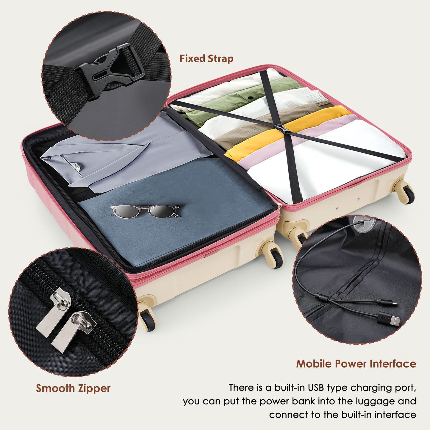 Luggage Sets 5 Piece, 20-inch With USB Port, ABS Durable Suitcase With Travel Bag, ABS PC Hard Shell Luggage With Spinner Wheels,