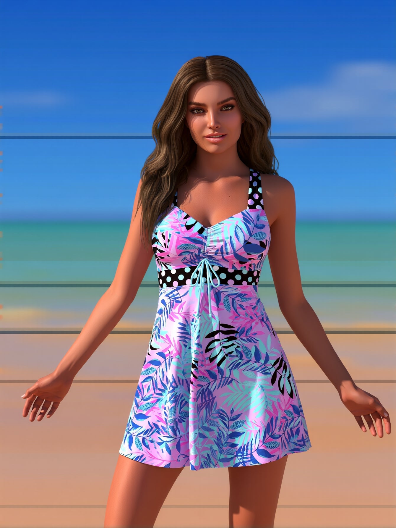 New Elegant And Fashionable Women's StyleWomen's Swimsuit For Beach Vacation Stylish One Piece With High Neck And Adjustable StrapsBeach Tankini--KA-P798-19