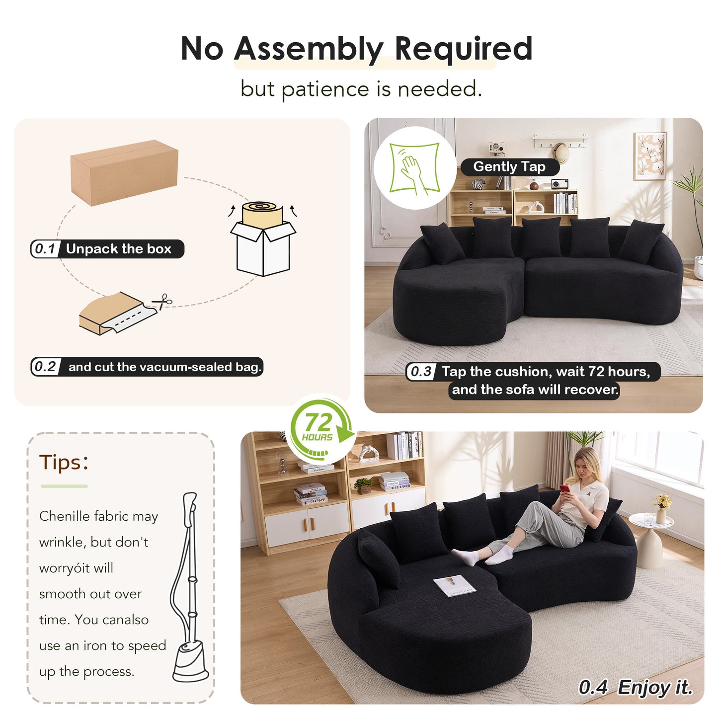 New Boneless L-Shape Sectional Sofa With Curved Chaise Black Modular Chenille Compression Couch 30D High-Density Foam Minimalist Modular Couches Sleeper For Living Room Bedroom Apartment Lounge.