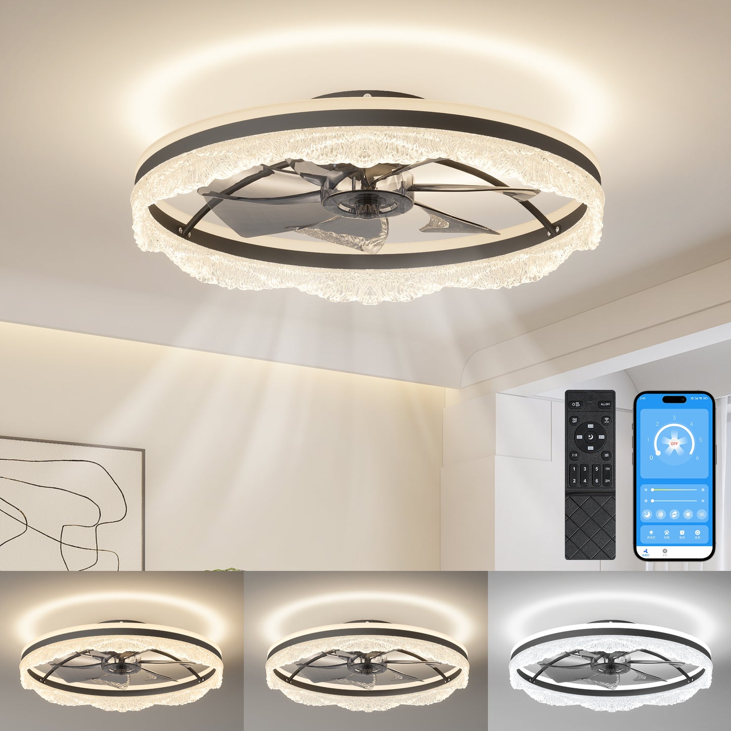 24  Quiet Ceiling Fan With Light   LED Crystal Flush Mount Fan Lamp With Hidden Blades And Natural Airflow, Perfect For Bedroom, Kids Room, Study Room