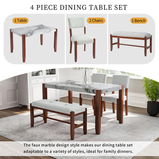 4-Piece Dining Set, 1 Marble-Look Table With 2 Upholstered Chairs And 1 Bench With Solid Rubber Wood Legs, Padded Seat, Curved Backrest, Space-Saving, Dining Room, Beige