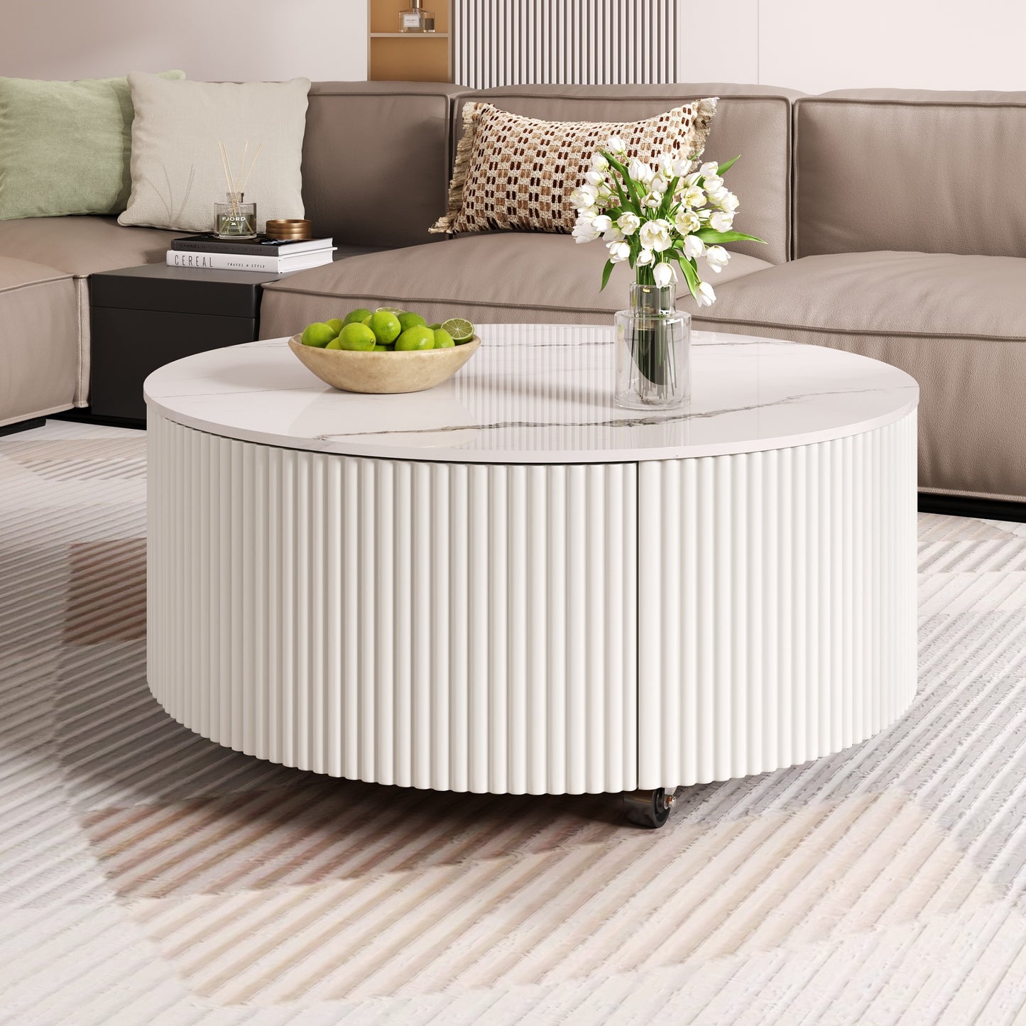 Modern Round Movable Coffee Table With Casters, 2 Drawers, Marble Pattern Sintered Stone Top, White, 29.5