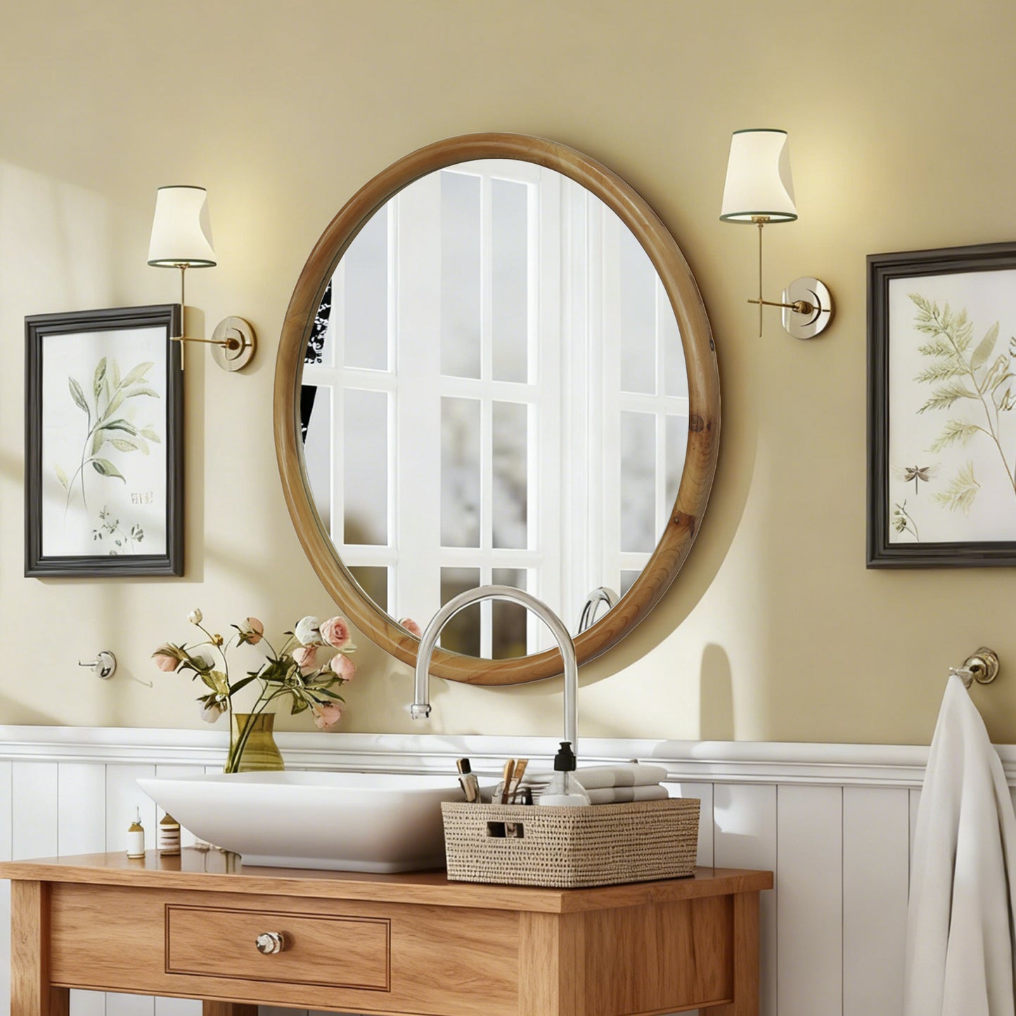 Round Wood Framed Wall Mirror, 27.56  Natural Wooden Circle Mirror For Bathroom, Bedroom, Entryway, Mid-Century Modern Decorative Mirror