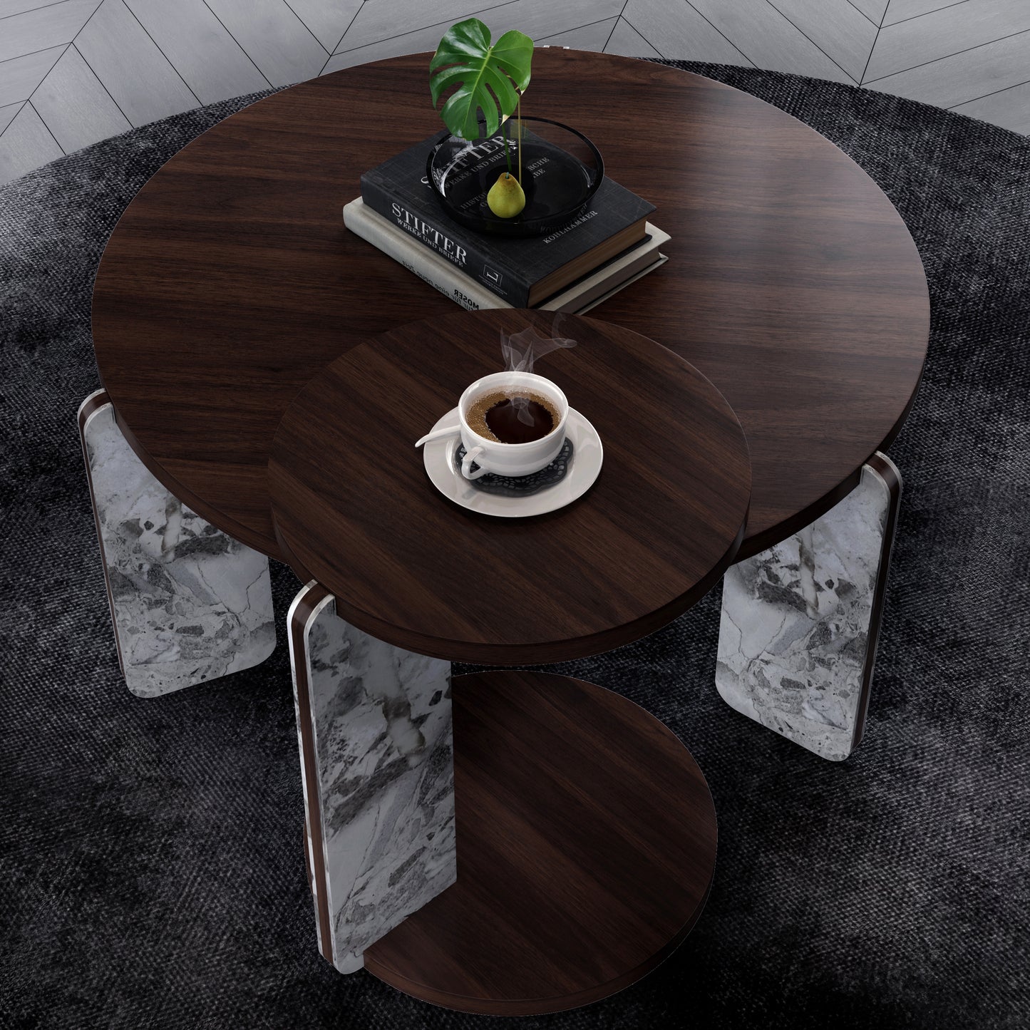 Modern Coffee Table With End Table Set, Durable Walnut Veneered MDF 83cm Diameter Center Table With A 43cm Diameter Side Table For Living Room, Study Room, Strong And Stable Sintered Stone Legs Base