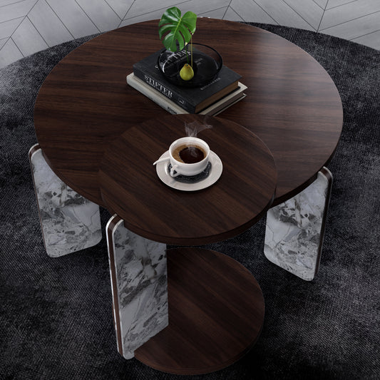 Modern Coffee Table With End Table Set, Durable Walnut Veneered MDF 83cm Diameter Center Table With A 43cm Diameter Side Table For Living Room, Study Room, Strong And Stable Sintered Stone Legs Base