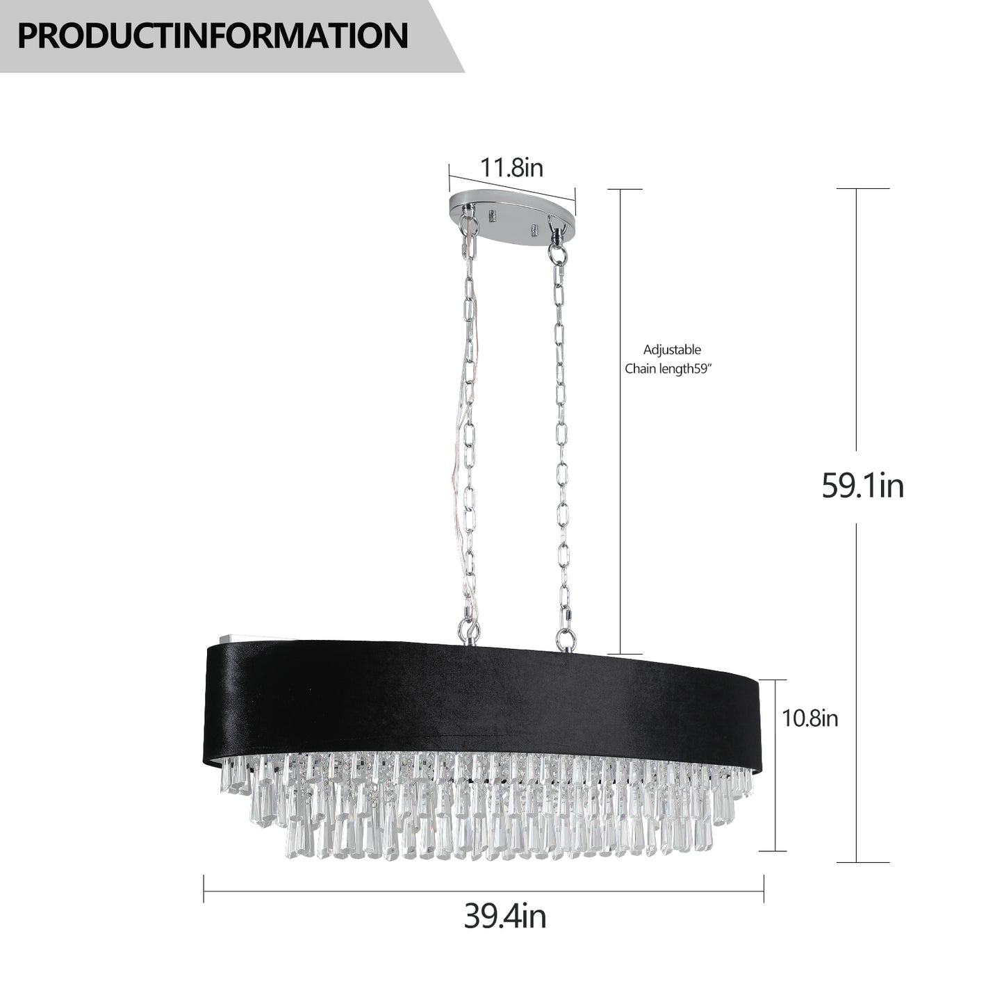 39in Modern Crystal Chandelier With Black Imitation Velvet Anti-Glare Shade, Adjustable Height, 8-Light G9 Base For Dining Room, Living Room, Or Bedroom  Bulb Not Included