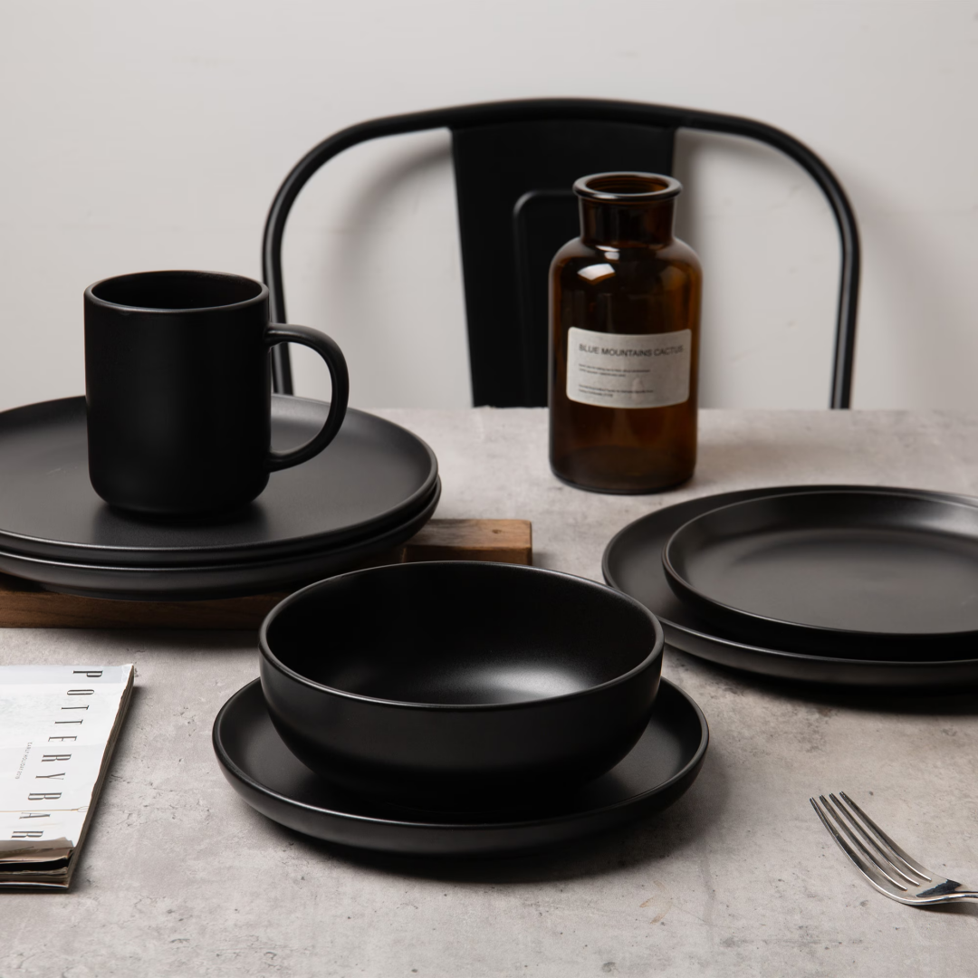 12-Piece Stoneware Dinnerware Sets With Mugs   Microwave & Dishwasher Safe    Non-Toxic Dinner Plates Bowls Set   Stackable Matte Glaze Kitchenware For 3,Black