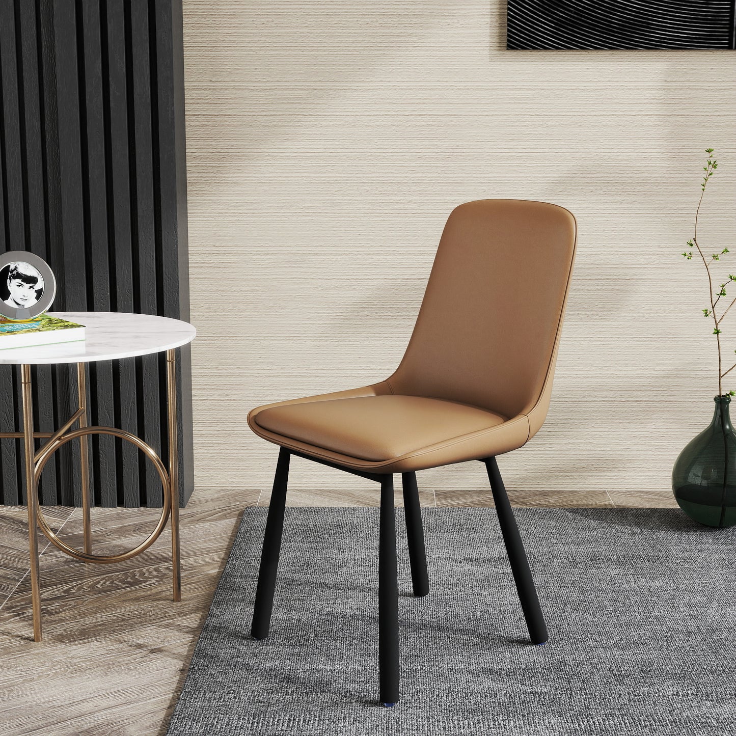Modern Minimalist Khaki Faux Leather Dining Chairs Set Of 2, Iron Legs, Nordic Style Upholstered Backrest Chairs For Kitchen & Living Room
