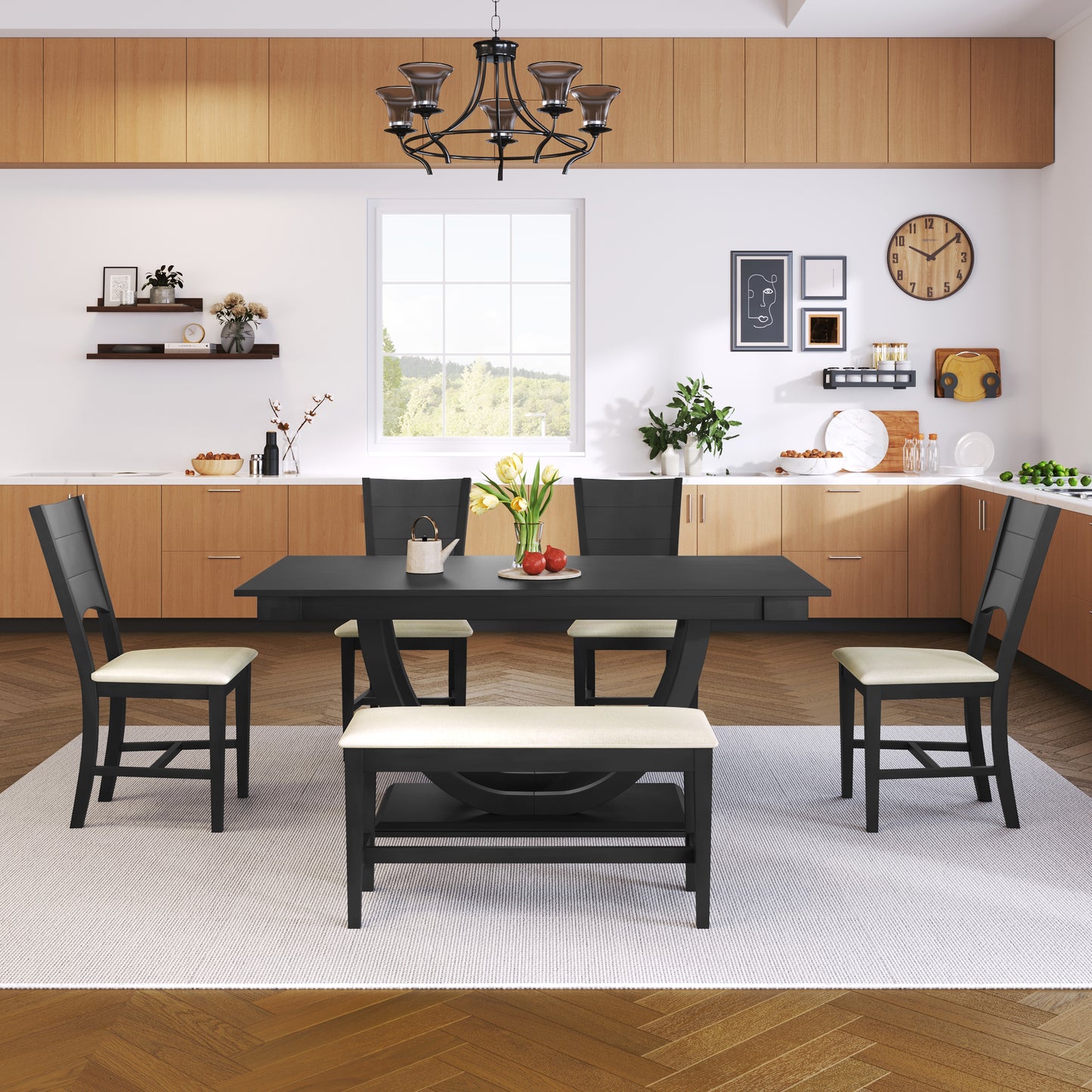 TOPMAX 6-Piece Wood Half Round Dining Table Set Kitchen Table Set With Long Bench And 4 Dining Chairs, Modern Style, Gray