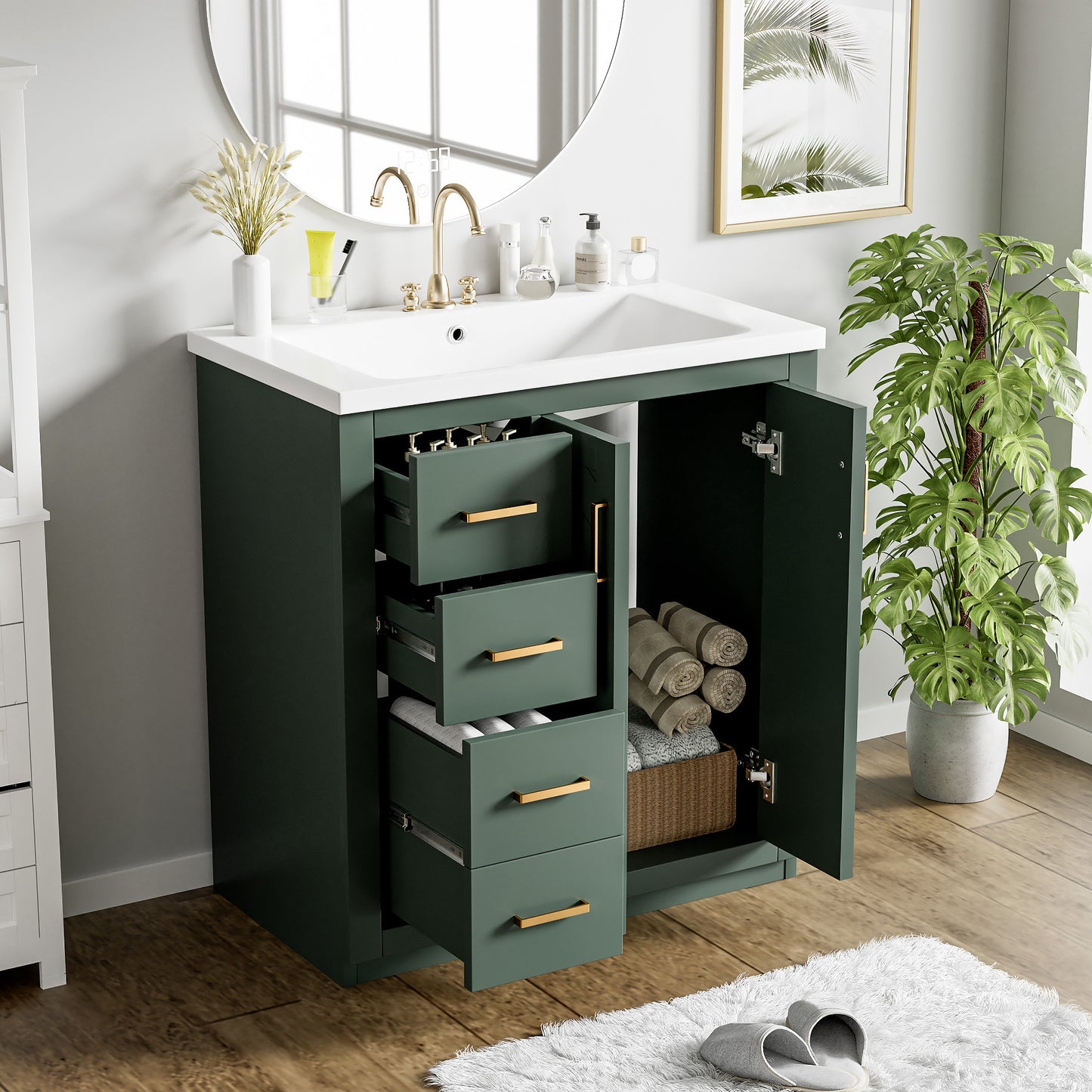30'' Bathroom Vanity With Ceramic Sink Combo,Solid Wood Frame Bathroom Storage Cabinet, Freestanding Vanity Set With 3 Drawers& Soft Closing Doors