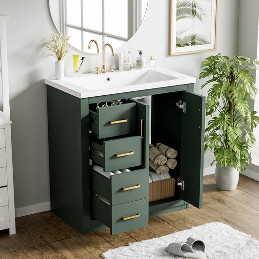 30'' Bathroom Vanity With Ceramic Sink Combo,Solid Wood Frame Bathroom Storage Cabinet, Freestanding Vanity Set With 3 Drawers& Soft Closing Doors