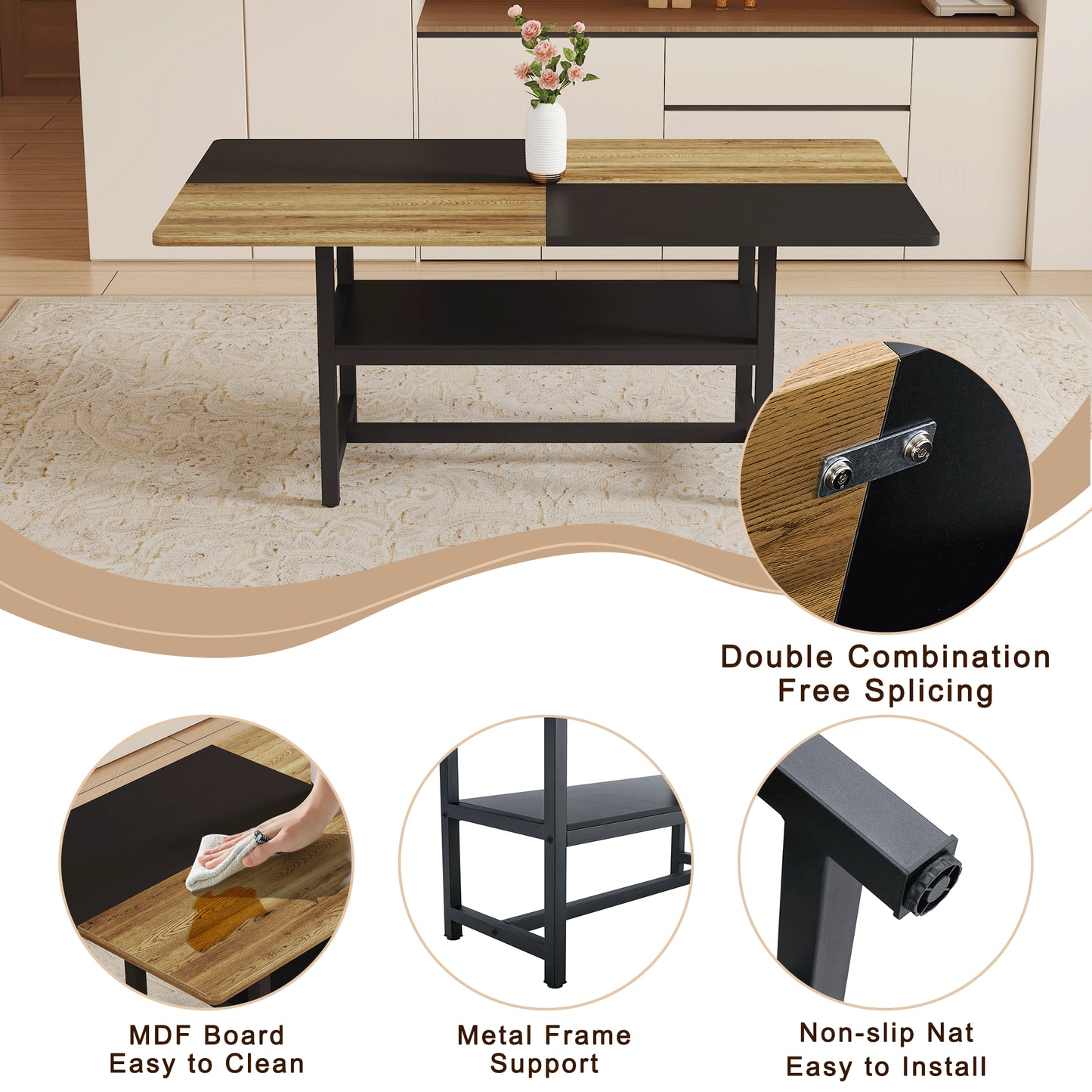 Table And Chair Set.71x35.4 Inch Wooden And Black Spliced Dining Table With Storage Function In The Middle Of The Table Legs.Paired With 6 Light Gray Linen Fabric Chairs.