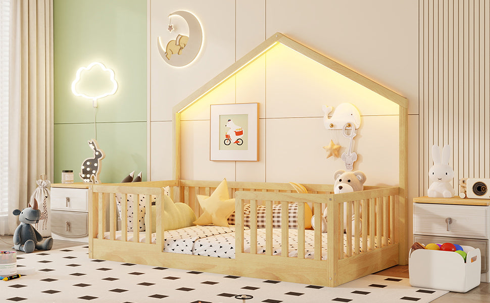 Twin Floor Bed With High Rails, Wooden Montessori Bed With Light For Kids, Boys And Girls,NaturalExpect Arrival Date 2026 3 16