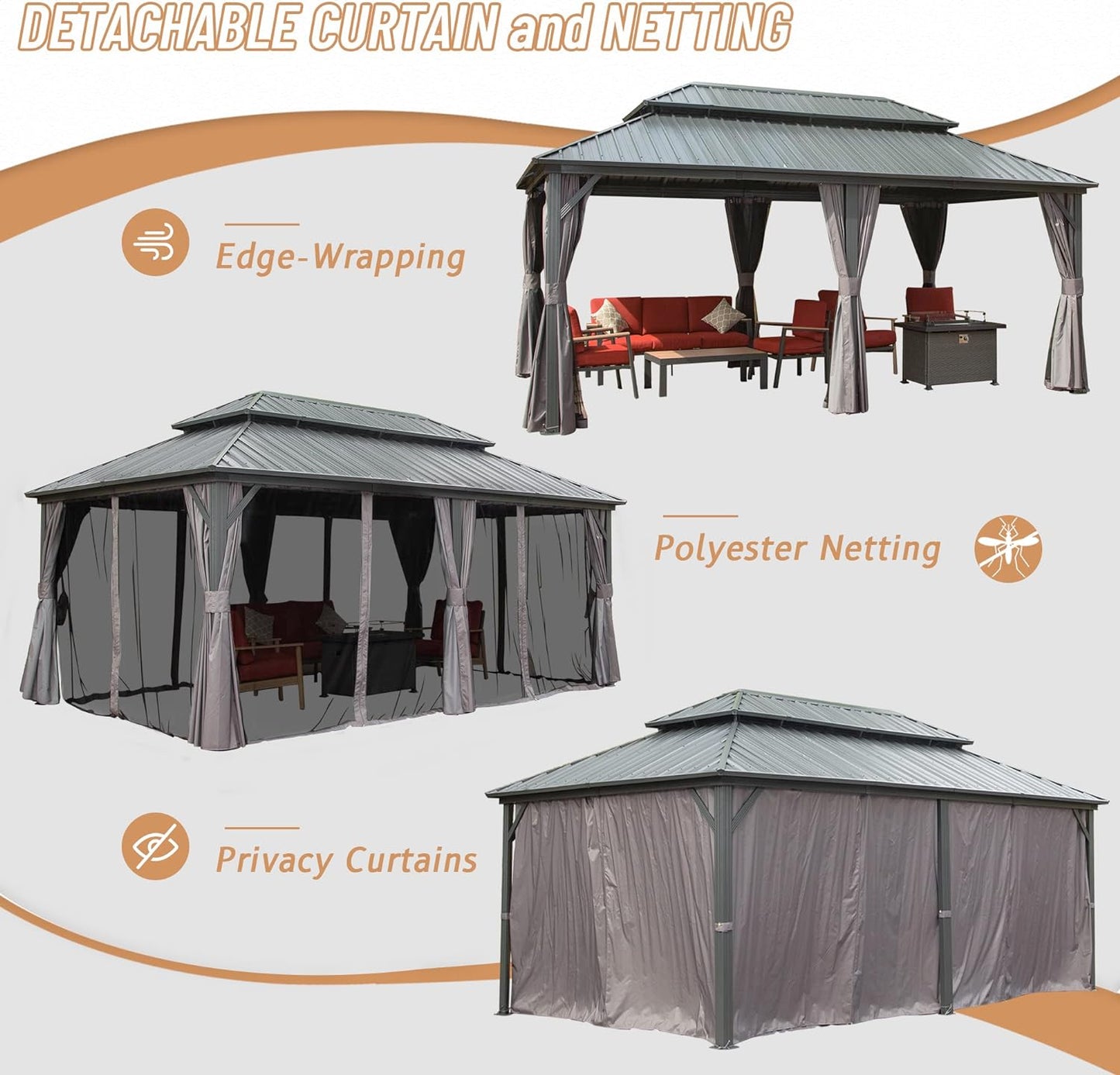 12  X 20  Hardtop Gazebo, Aluminum Metal Gazebo With Galvanized Steel Double Roof Canopy, Curtain And Netting, Permanent Gazebo Pavilion For Patio, Backyard, Deck, Lawn