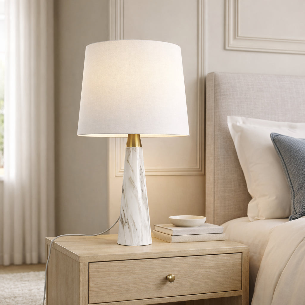 Enclave Hydro White Table Lamp With On Off Switch Faux Marble Base Fabric Shade
