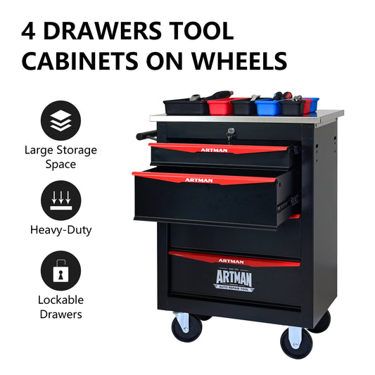 4 Drawers Multifunctional Tool Cart With Wheels,Metal Rolling Tool Cart Storage For Garage Workshop Warehouse Repair Shop--With  Stainless Steel Roof- BLACK&RED