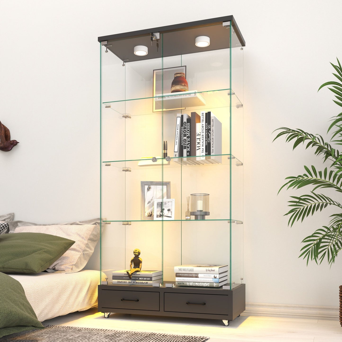 Modern Glass Display Cabinet With 2 Large Drawers , Quick-assembly Antique Cabinet With LED Lights, Tempered Glass Bookshelf, 2-Door Storage Case With 4 Shelves  For Living Room And Bedroom, Black