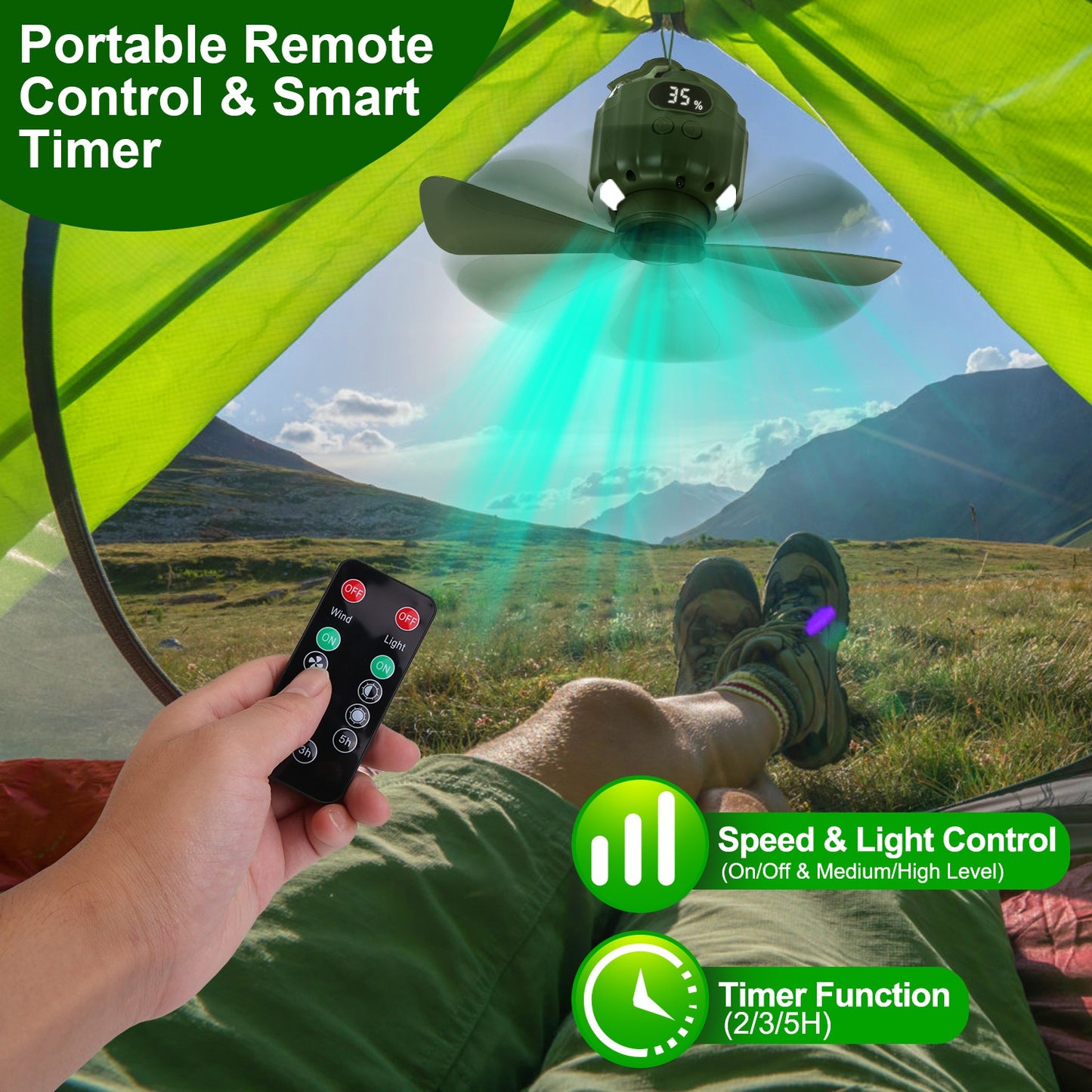 3-in-1 Camping Fan With LED Lantern, Hanging Tent Fan 3 Wind Speeds, Remote Control Timer, USB Power Bank, Low Noise Rechargeable Fan With Battery Display, Detachable Blades For Outdoor Indoor Use