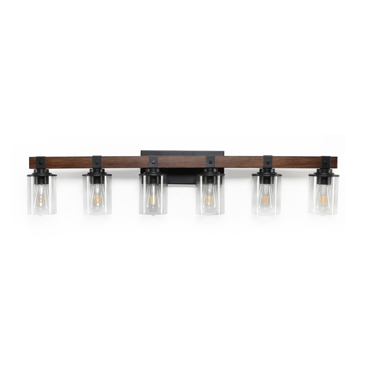 42in Rustic 6-Light Vanity Light, Industrial Bathroom Wall Sconce With Glass Shades And Wood Accent, Modern Farmhouse Lighting Fixture -No Bulbs