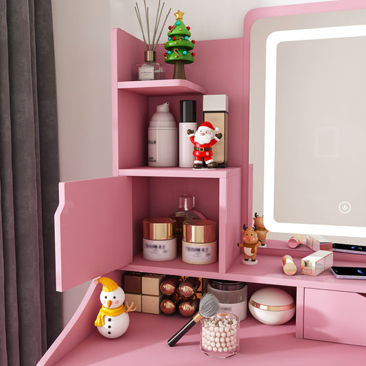 3-Color LED Vanity Mirror With Stool  Pink Dressing Table For Bedroom  2 Drawers & 5 Storage Cabinets  4 Open  1 Hidden   Adjustable Lighting  Pink