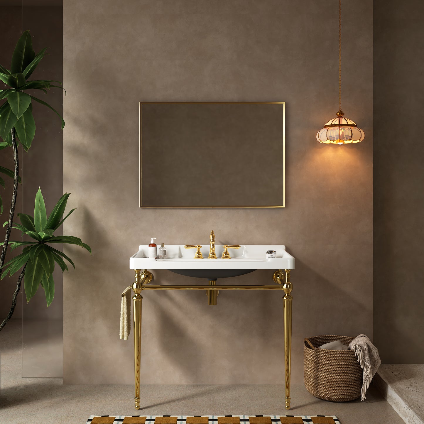 VICI 36 Bathroom Console Sink, Wall-Mounted White Ceramic Vanity Basin With 3 Pre-drilled Faucet Holes, Freestanding Stainless Steel Support Legs With Towel Bar, No Faucet & Sink Cover, Gold Color