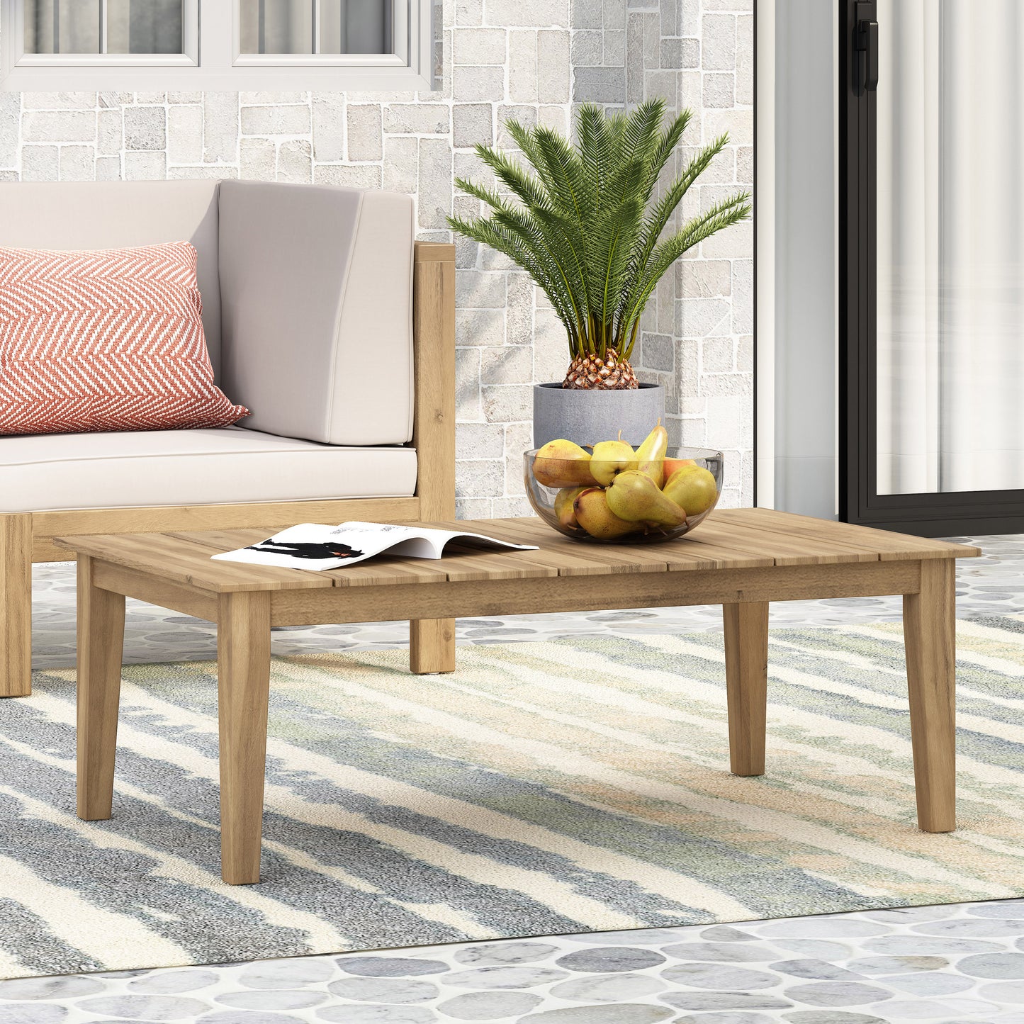 Acacia Wood Outdoor Coffee Table, Light Brown, 14 H X 23.5 W X 39.5 L