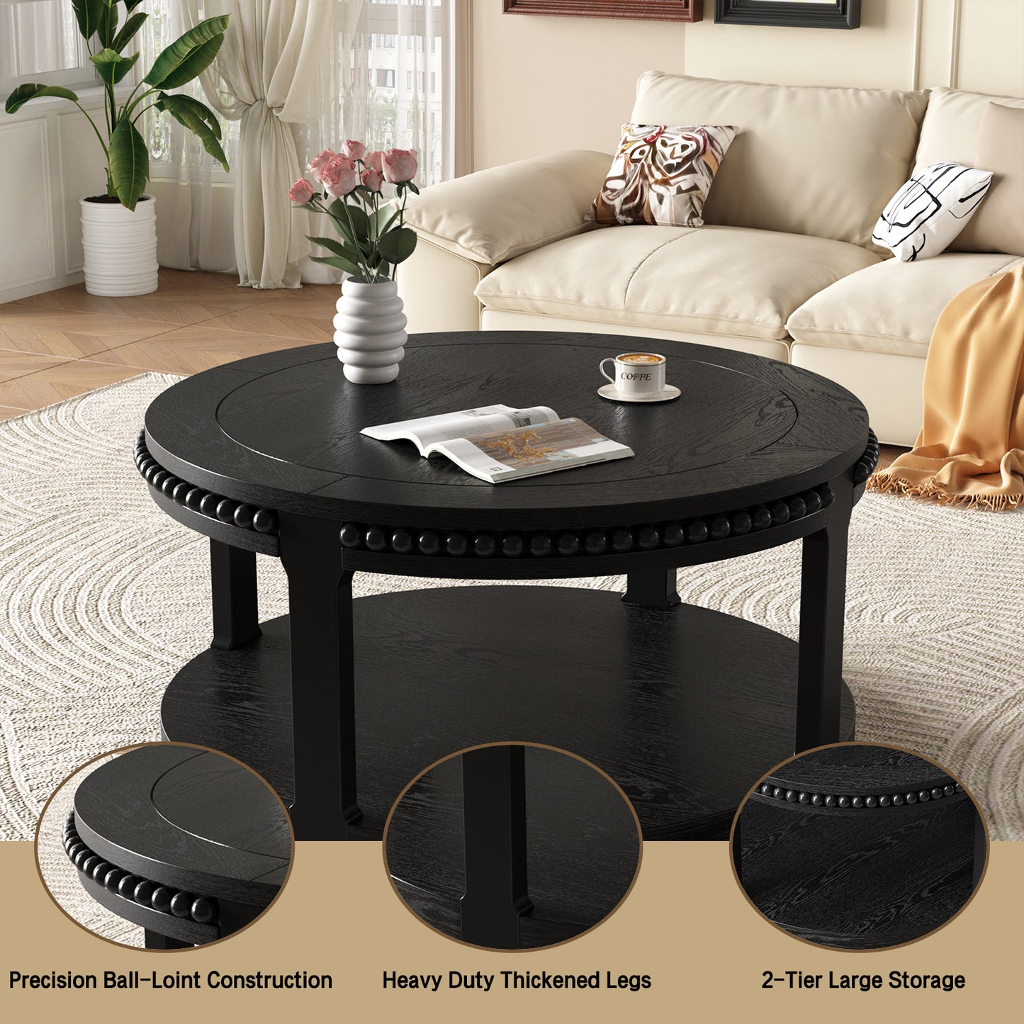 31.5 Inch Solid Wood Round Coffee Table For Living Room,2-Tier Rustic Wood Desktop With Storage Shelf Modern Design Home Furniture Black