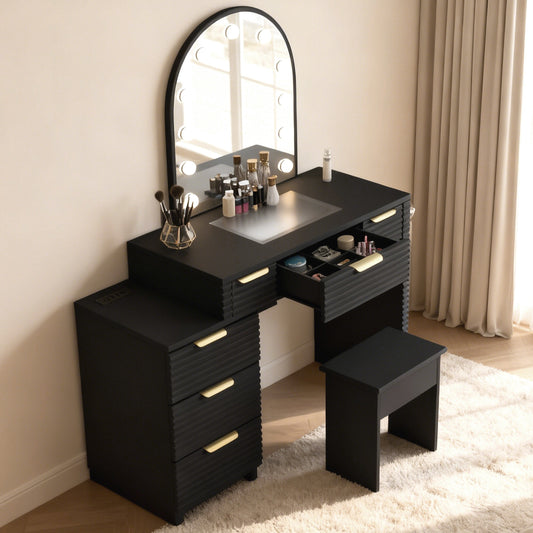 Makeup Vanity Desk With Mirror Lights Glass Tabletop Vanity Table Modern Makeup Desk With Drawers For Bedroom Black US Plug