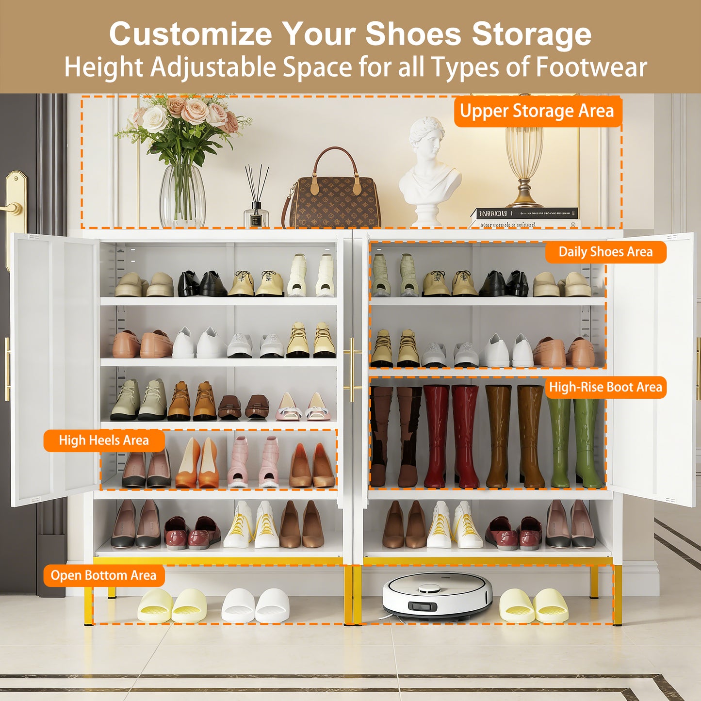 40 Tall  2-Doors Shoes Cabinet, Metal 7-Tier Hidden Shoe Organizer,Modern Narrow Shoe Storage Cabinet With  Adjustable Shelves For Entryway, Hallway, Closet, Bedroom, Living Room,Laundry Room White