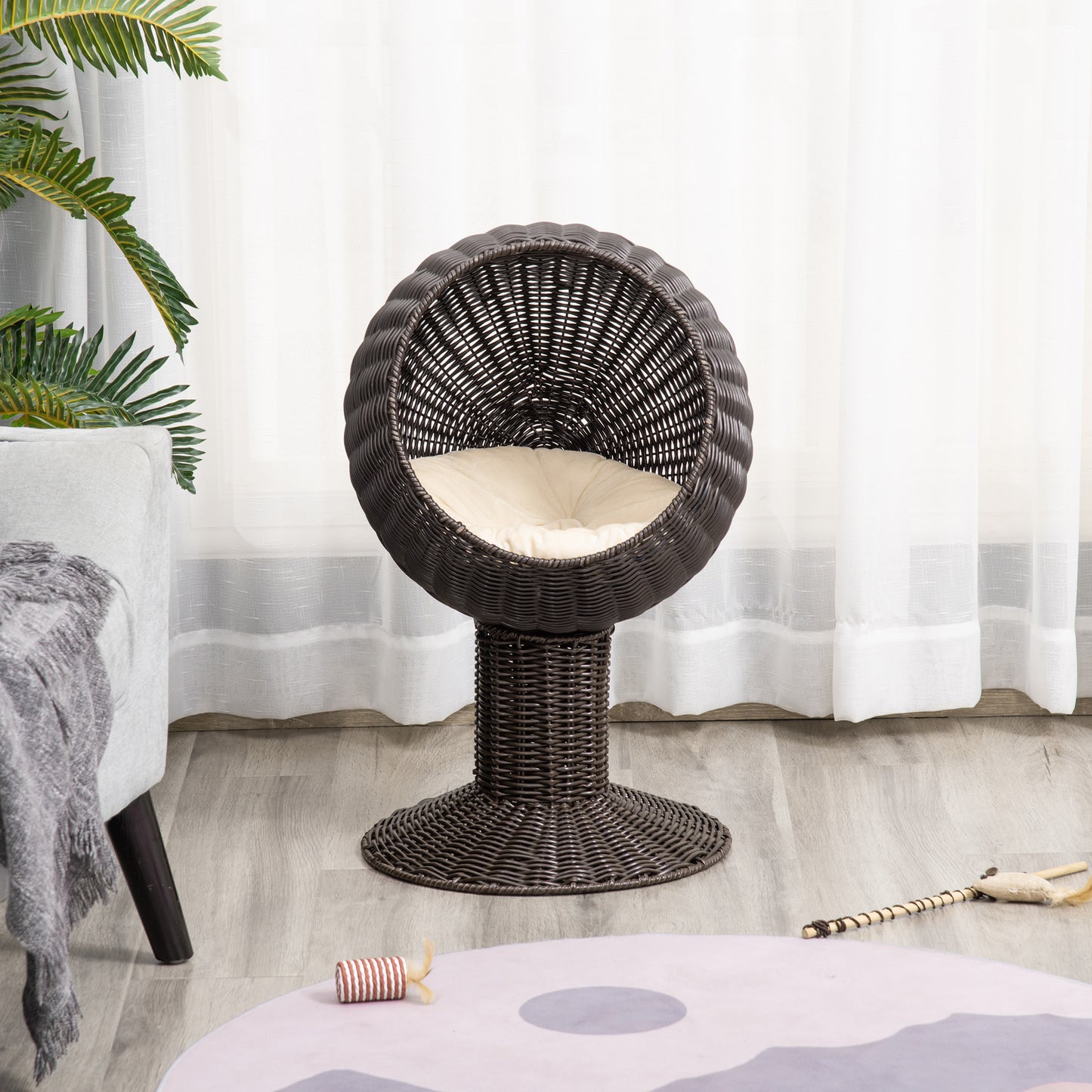 27 Elevated Cat Bed Rotatable Egg Chair Pod Thick Cushion Natural Mat Grass Woven Coffee