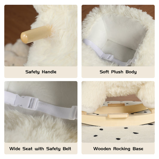 Kids Ride-On Rocking Horse Toy With Lullaby Song,Alpaca Rocking Toy With Hand Puppets And Safety Belt For Children 1-3 Years,Soft Plush Fabric,White,CPC Certified