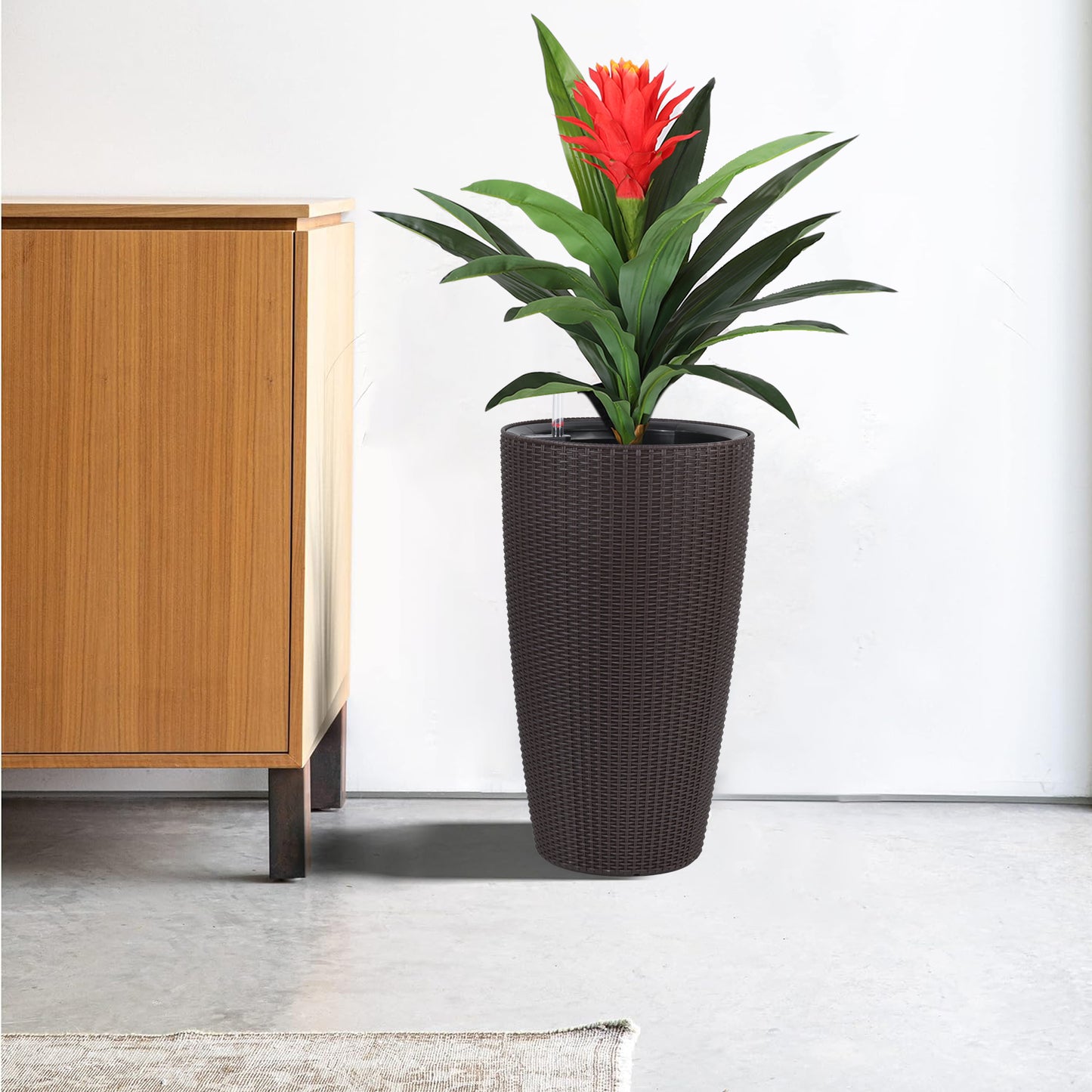 Set Of 2 Faux Rattan Tall Planters Outdoor Indoor Large Planters With Water Level Monitor Inner Bucket, Automatic Watering, Flower Plant Pots For Garden, Patio, Porch,  Brown, 22 Inch