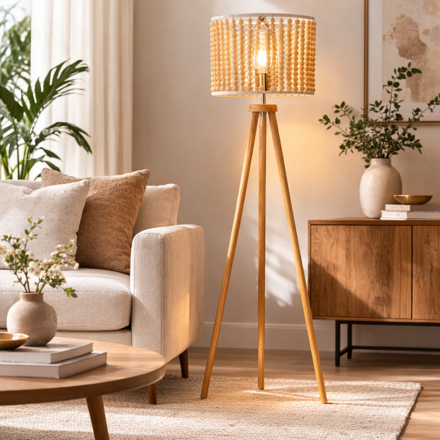 Reading Floor Lamp, Standing Light For Living Room Chair, Bedside & Study Area, Brillo Three Legged Floor Lamp Natural 110V