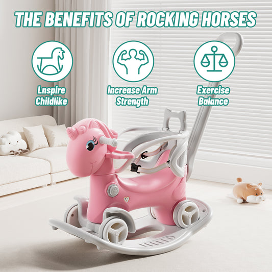 Rocking Horse For Toddlers, Balance Bike Ride On Toys With Push Handle, Backrest And Balance Board For Baby Girl And Boy, Unicorn Kids Pink Color  Old SKU W509125829