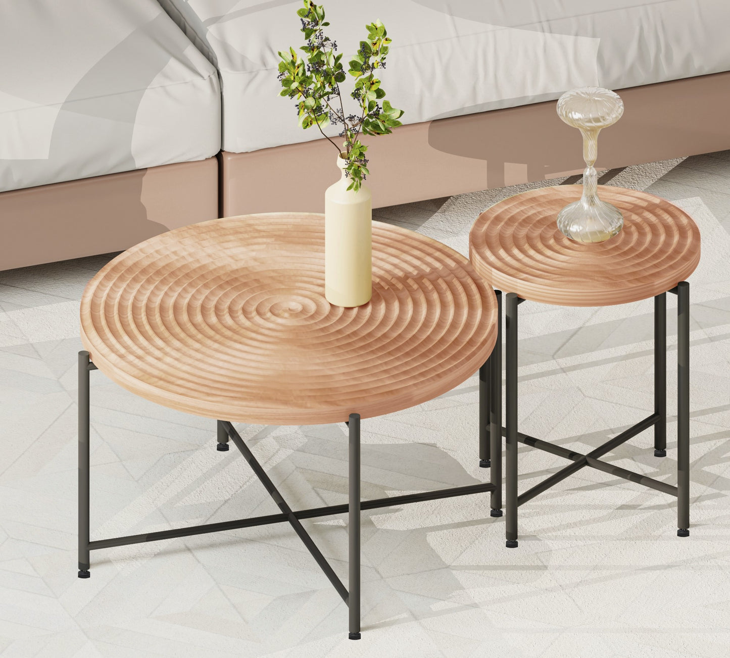 2-Piece Coffee And End Table Set -Waterproof MDF With PVC Cover, Distressed Cylindrical Design, Black Metal Legs -Classic Rustic Charm, Red Cedar-Brown