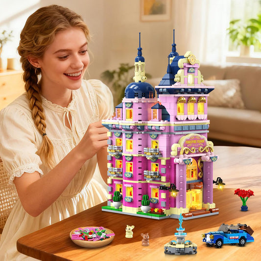 Estate House Building Set With Lights, 3 Style Pinkspire Construction Model With Car Fountain, 1815 PCS Villa Castle Building Block Kit Home Decor, Gift For Adults Boys Girls