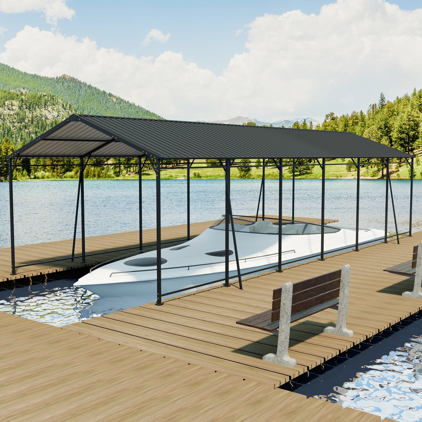 12x32 FT Carport, Heavy Duty Carport With Galvanized Steel Roof And Frame, Metal Carport Large Garage With 4 Fixed Inclined Square Tube Supports