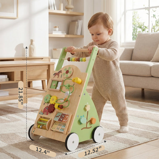 Wooden Baby Walker, Adjustable-speed Push-style Walker, Equipped With Montessori Activity Center, Silent Wheeled Baby Walking Toy